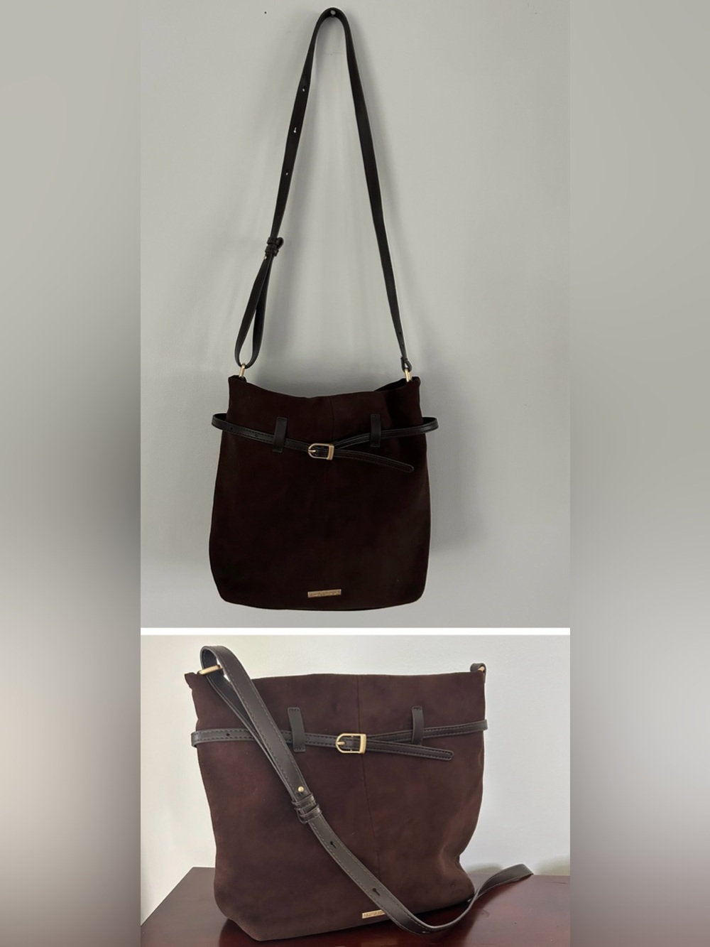 House of Harlow 1960 Brown Faux Suede Crossbody Shoulder Bucket Bag